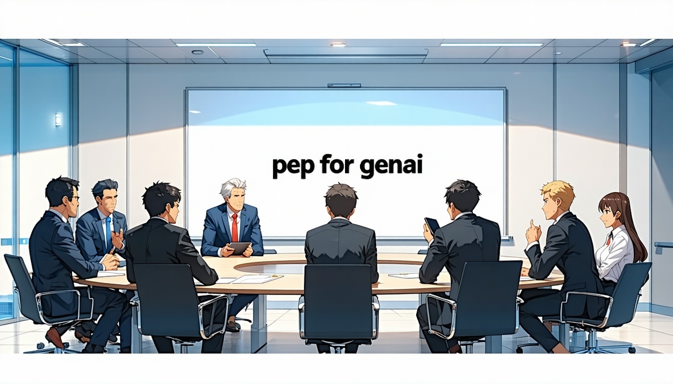 169 aspect ratio image A large clearly readable title logo PEP for GenAI prominently displayed at the top of the frame In a modern conference room 57 policy makers are gathered around a circular or oval table engaged in active discussion Participants-1