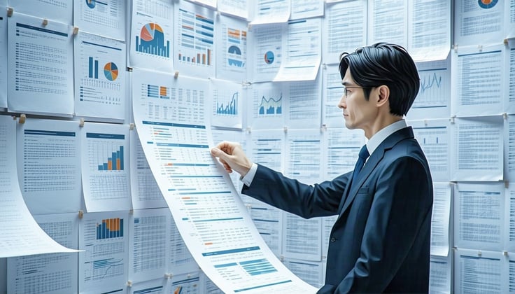 A Japanese government official quickly reviewing a large volume of government documents using AI-3