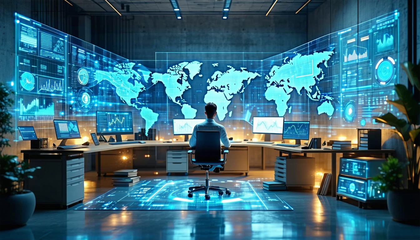 A futuristic office environment with transparent digital hologram screens displaying policy data and historical debate records floating in midair A policy researcher sits at the center collaborating with an AI assistant to conduct complex policy anal-1