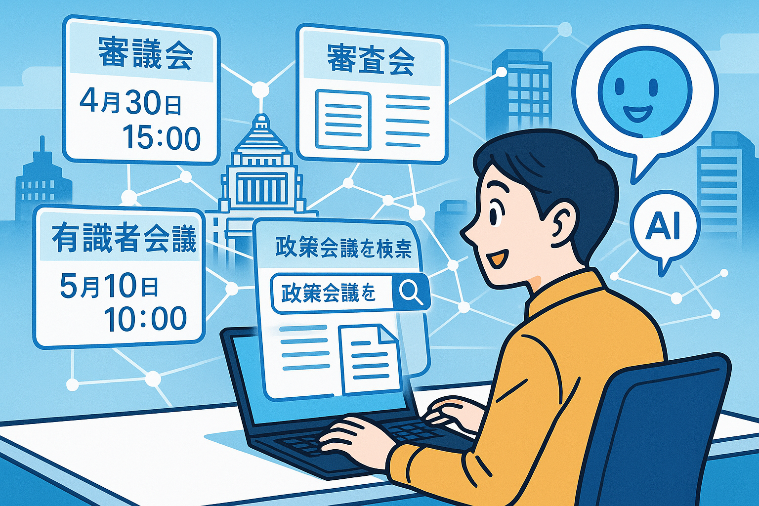 A modern clean illustration showing a person at a desk using AI technology to search and discover government policy meetings and councils The scene includes floating holographic panels displaying various committee names meeting schedules and policy d