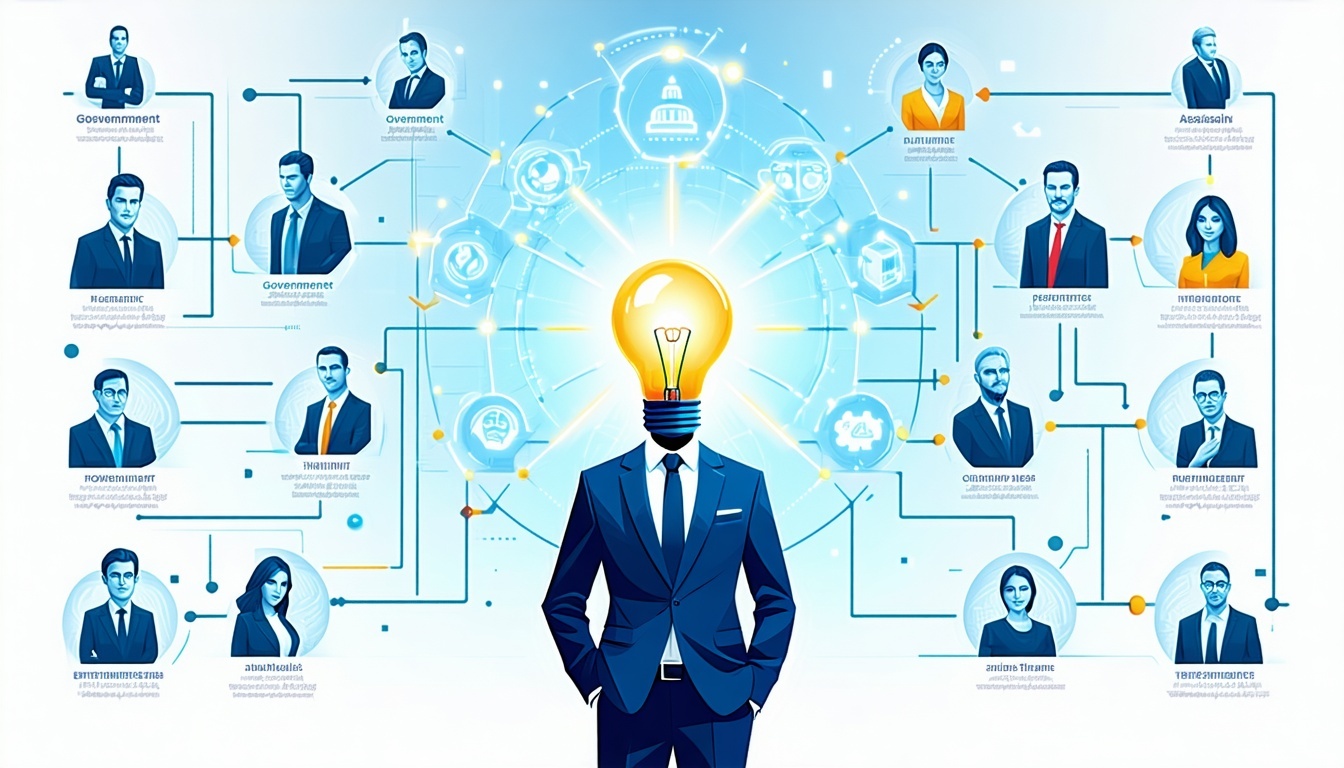 A modern infographic illustration showing a policy entrepreneur in business suit at center holding a lightbulb idea connected to various stakeholders politicians government officials NPO representatives through glowing arrows and network lines AI ass