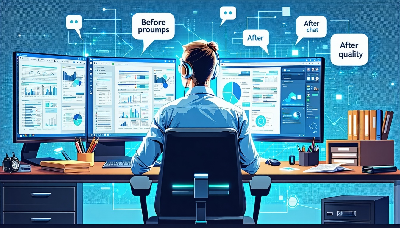 A modern professional illustration showing a policy maker at a computer workstation with multiple AI interfaces open The scene depicts the process of policy research enhancement using AI tools The researcher is reviewing documents and refining prompt