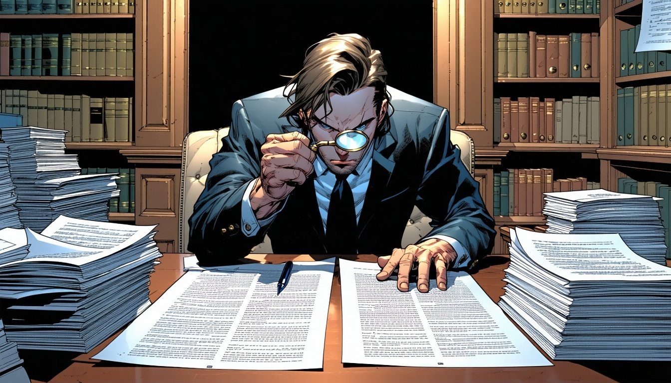 A photorealistic image of a policy analyst in a classic slightly cluttered office The analyst is hunched over a large wooden desk meticulously comparing two stacks of printed documents sidebyside One hand holds a magnifying glass over a line of text-1