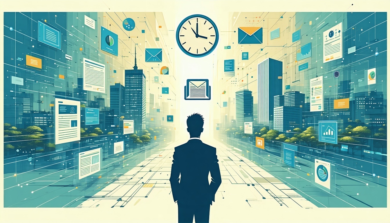 Futuristic digital information gathering system concept illustration Central AI assistant icon representing ChatGPT surrounded by floating policy documents news articles and Minato ward buildings Radiant light beams connecting AI to various informati-3