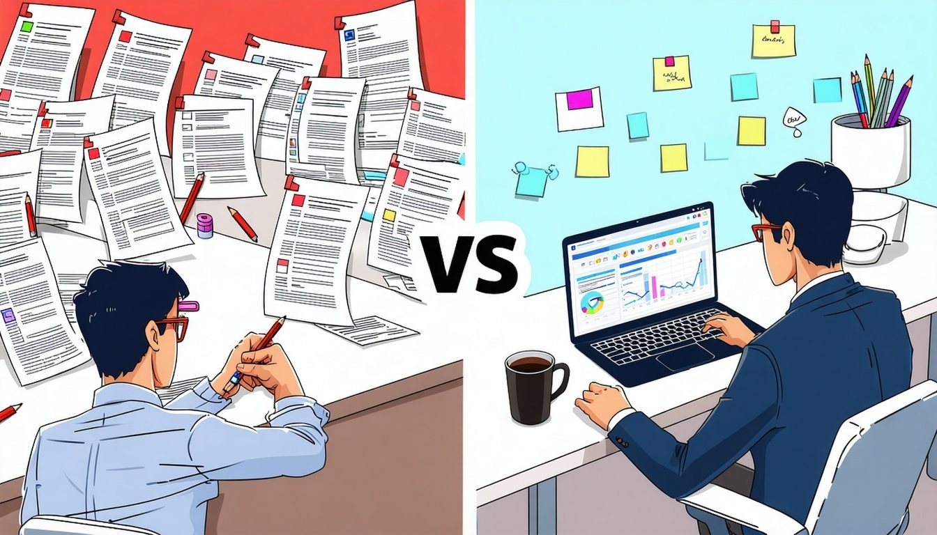 Splitscreen comparison illustration showing traditional vs AIpowered legal document analysis Left side cluttered desk with multiple PDF documents red pens sticky notes tired business person manually comparing papers overwhelmed expression Right side-1