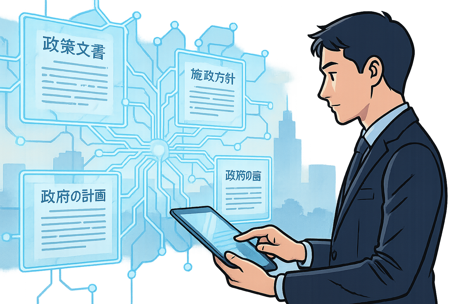 Transparent holographic blue interface displaying Japanese policy documents floating in air connected by glowing neural network patterns like AI circuits silhouette of Kasumigaseki government district in soft background young business person operatin-3