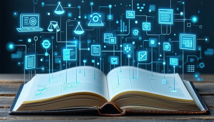 an open notebook or checklist hovering in the foreground each line tickmarked connected by thin glowing lines to floating data icons documents code brackets legal scales-1